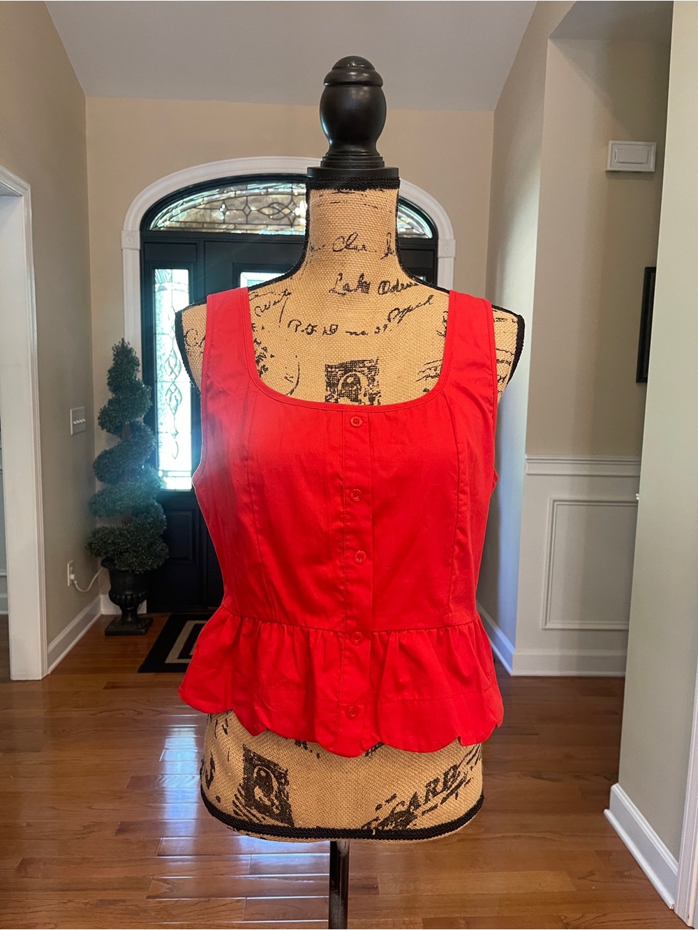 TCEC Women's Red Peplum Vintage Style Button Front Sleeveless Blouse Top Large